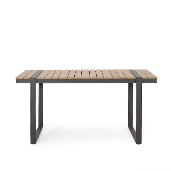 Zeus & Ruta Gray Aluminum Outdoor Dining Table With Natural Wood Tabletop