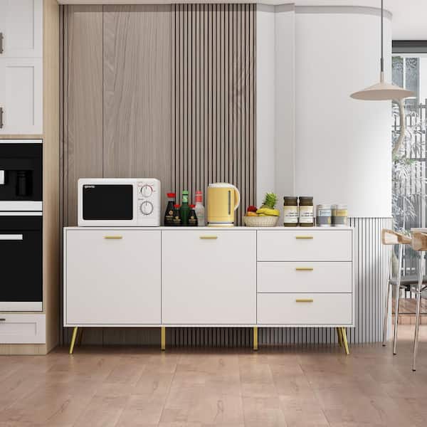FUFU&GAGA White Wood Buffet Sideboard Storage Cabinet 3-Drawers 2-Cabinets Shelves Kitchen Dining 69 in. W x 30 in. H x 15.6 in. D