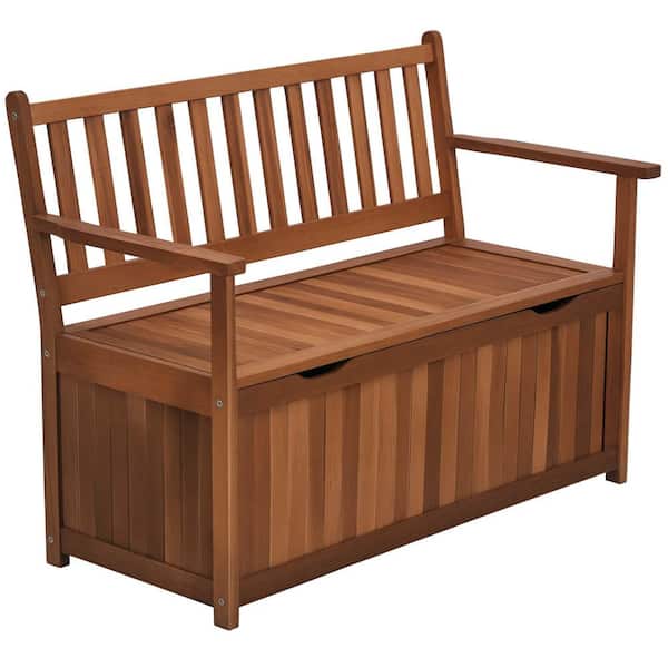 41 Gal.Outdoor Storage Bench, Wooden Deck Box with Inner Waterproof PE Lining for Patio Yard Store Garden Tools, Teak