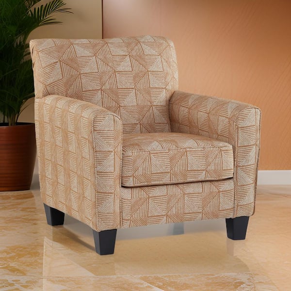 Benjara Amber Yellow and Black Polyester Arm chair with Geometric Pattern and Black Wood Legs