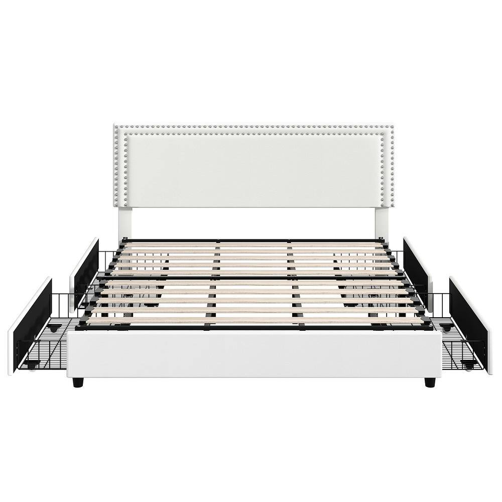 White Velvet Upholstered King Platform Bed with Storage Drawers