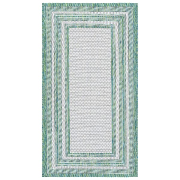 Courtyard Ivory/Green 3 ft. x 5 ft. Solid Color Striped Indoor/Outdoor Area Rug