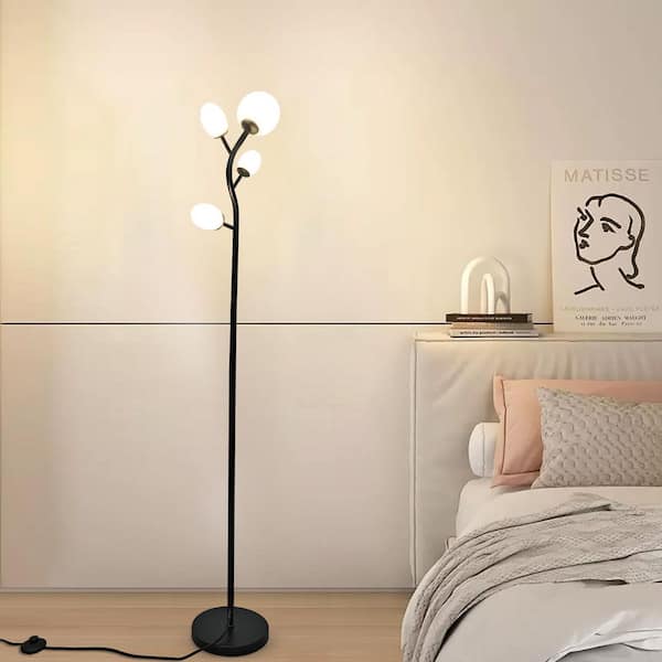 67.7 in. Black 4-Light Modern Tree Floor Lamp for Living Room with Glass Globe Shade and 4 Bulbs Included