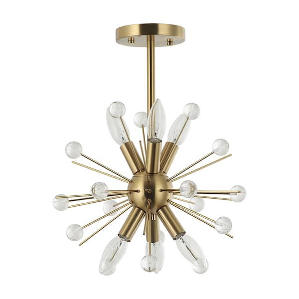 14 in. 6-Light Antique Gold Starburst Sputnik Pendant Light with Glass  Crystal Ball Accents