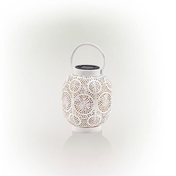 Alpine Corporation 8 in. H Antique White Outdoor Solar-Powered Hollow Metal Lantern with Rotating Multi-Color LED Lights