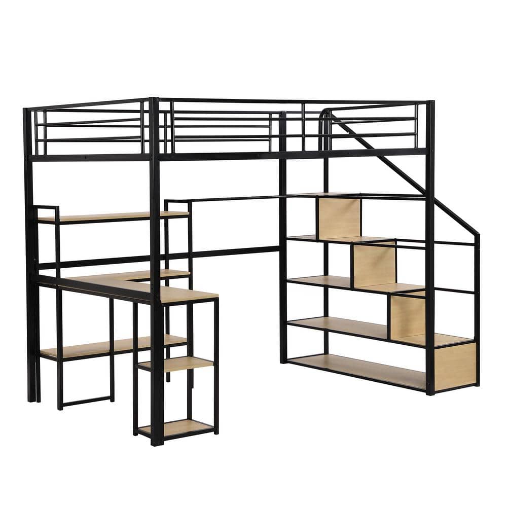 Full Size Black Metal Loft Bed with Desk and Storage Shelves