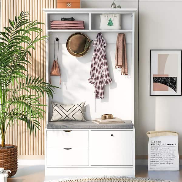 Harper & Bright Designs 40.6 in. Wide White Hall Tree with Drawers, Shelves, Shoe Storage Bench and 4 Sturdy Hooks