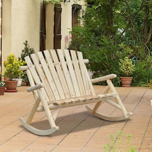 2-Person Wood Adirondack Outdoor Rocking Chair with Slatted Design for Porch, Poolside, or Garden Lounging