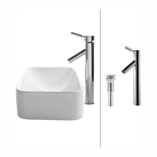 KRAUS Soft Rectangular Ceramic Vessel Sink in White with Sheven Faucet in Chrome