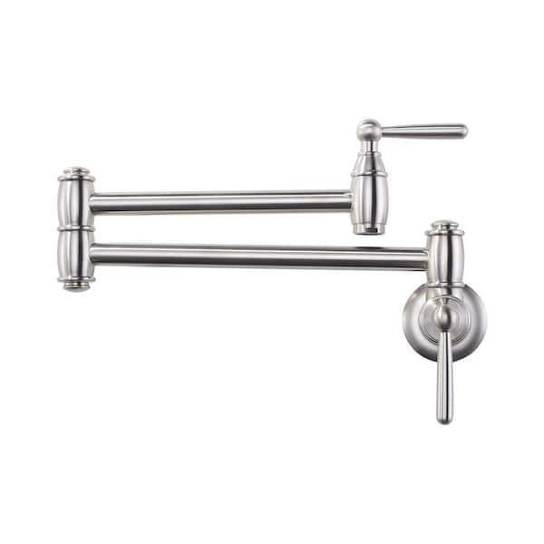 IVIGA Brass Wall Mount Pot Filler with Brass Valve, 2-Handles, Double Joint Swing Arms and 2-Aerators in Brushed Nickel