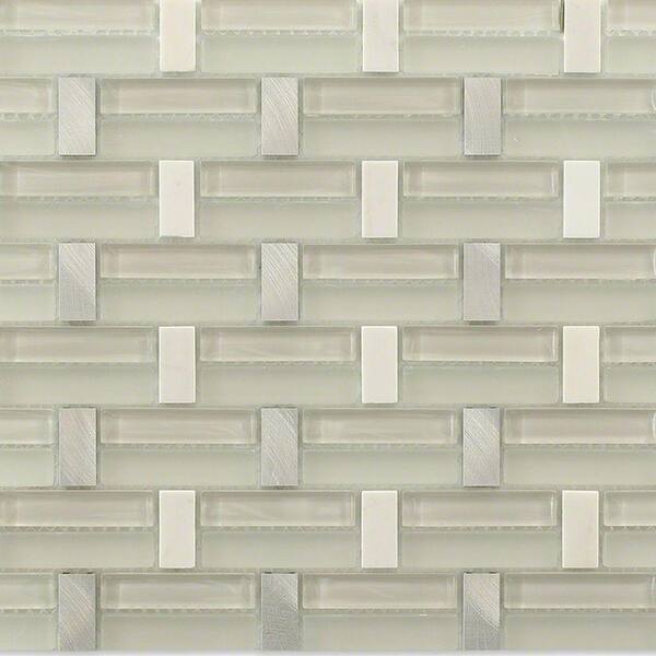 Splashback Tile Weave Bright White Polished Glass, Marble and Metal Tile - 3 in. x 6 in. Tile Sample