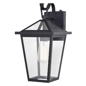 Derby 8 in. W 1-Light Dusk to Dawn Matte Black Outdoor Hardwired Wall Lantern Clear Glass Shade, LED Compatible