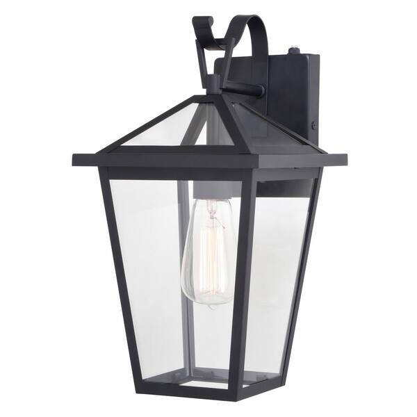 VAXCEL Derby 8 in. W 1-Light Dusk to Dawn Matte Black Outdoor Hardwired Wall Lantern Clear Glass Shade, LED Compatible