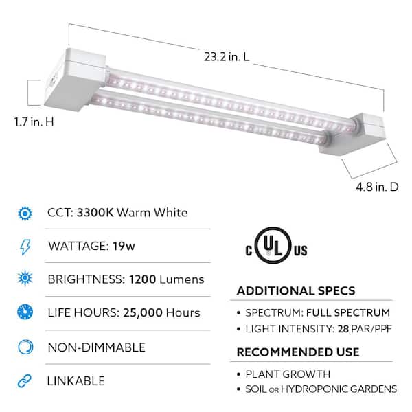 Hydroponic Linkable Grow Light w/ 2 19-Watt White LED Bulbs Feit Electric 2 ft 