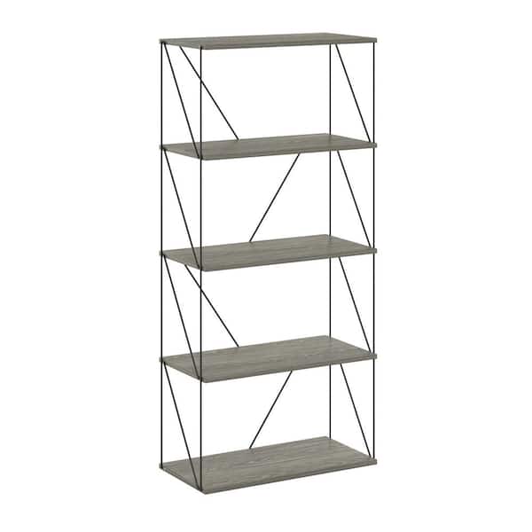 Furinno Besi 51.89 in. Tall French Oak Grey Wood 5-Shelf Bookcase with Metal Frame