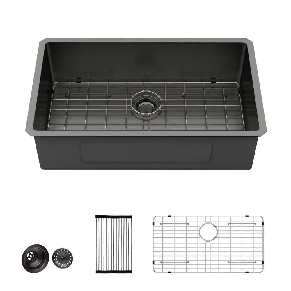 32 in. Undermount Single Bowl 16 Gauge T304 Gunmetal Black Stainless Steel Bar Kitchen Sink with Bottom Grid / Strainer price history on PriceWatchPro