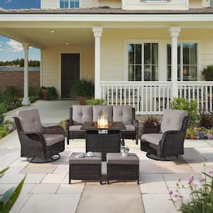 6-Piece Brown Wicker Fire Pit Conversation Set with Olefin Gray Cushions and Curved Arm Swivel Glider Chairs