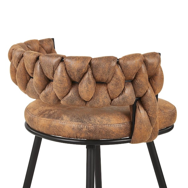 34.25 in. Braided Bar Stools Set Counter Height Kitchen Island Stools w/ Back Support, Brown Metal Bar Chairs (Set of 2)