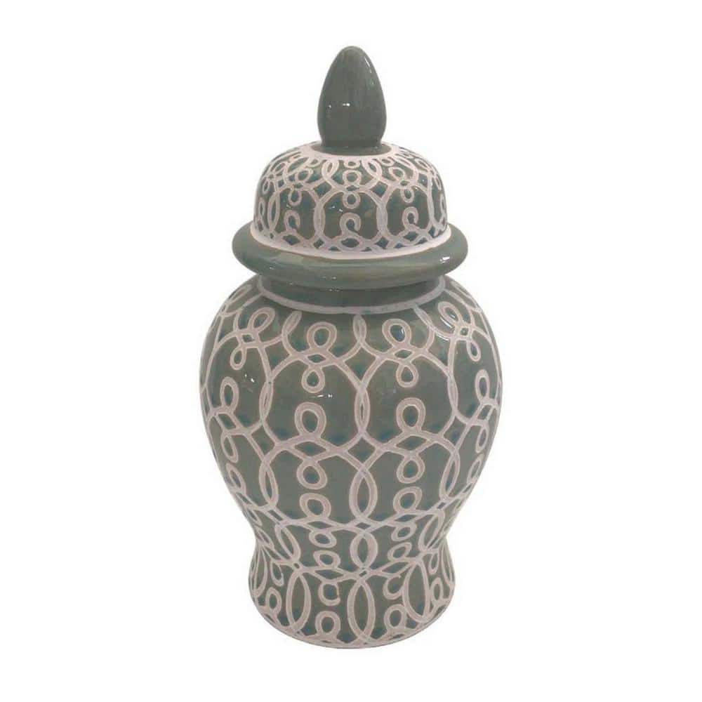 Olive Green Ceramic Temple Jar with Intricate Geometric Pattern