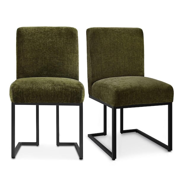 Elevens Green Linen Sled Base Dining Chairs (Set of 2)