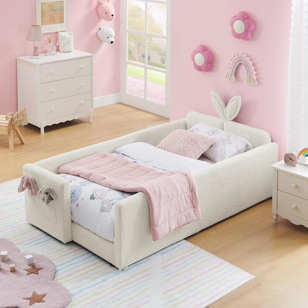 Ysmara Beige Wood Frame Boucle Upholstered Twin Platform Bed with Cute Rabbit Ear Shaped Headboard, Guard Rail & Pocket