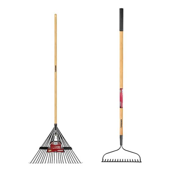57 in. Wood Handle 16 Tine Bow Rake and 53 in. Long Wood Handle 22 in. Steel Leaf Rake