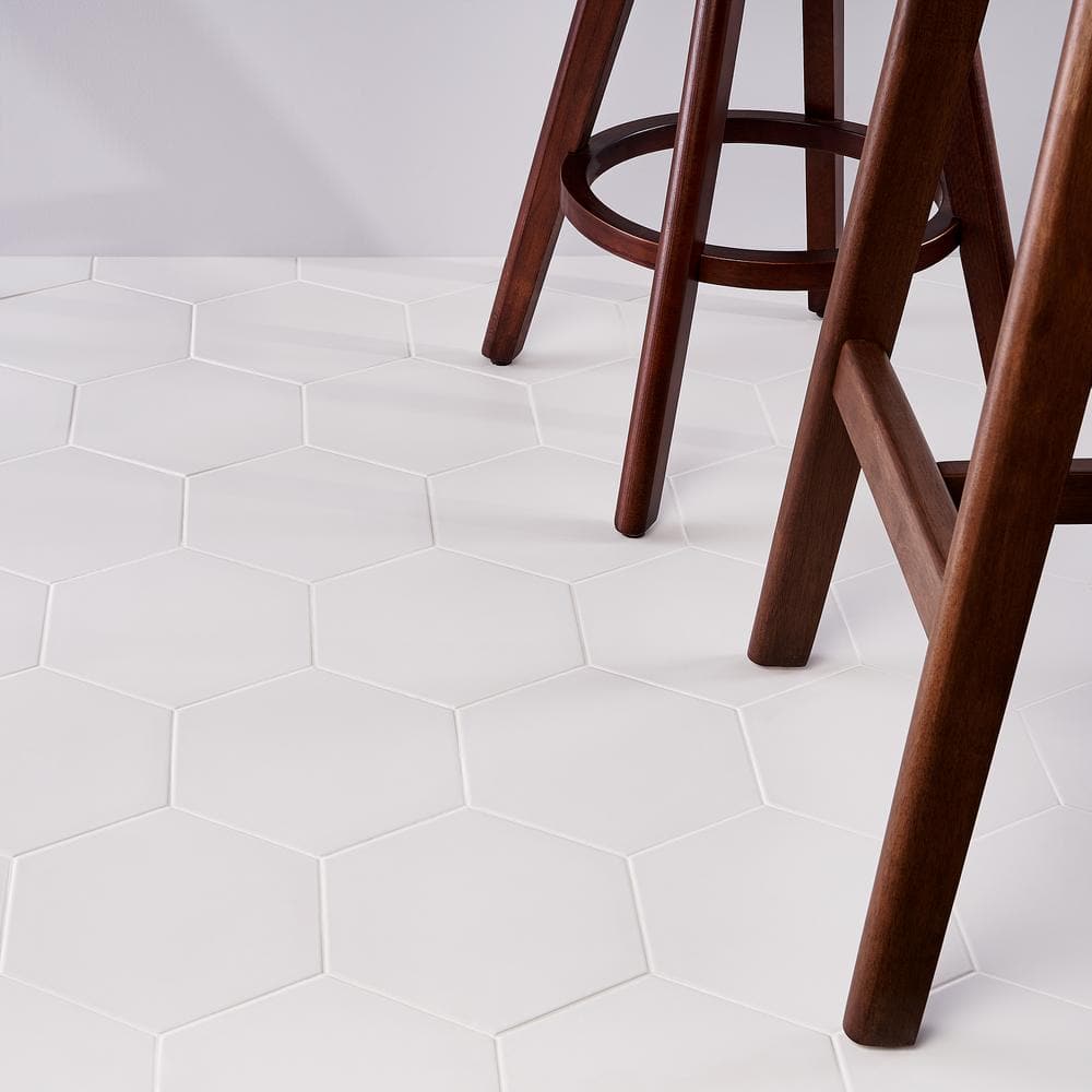 White Hexagonal Matte Porcelain Floor and Wall Tile, 8-in x 9-in