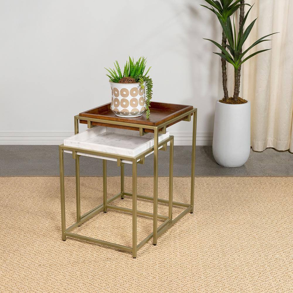 Gold and Brown Mango Wood Square Nesting Tables with Metal Frame