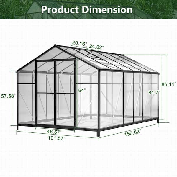 Polycarbonate Walk-in Greenhouse 8 ft. W x 12 ft. D Aluminum Alloy Double Door Black Greenhouse