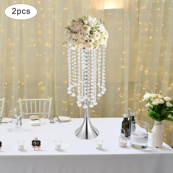 YIYIBYUS 2-Piece 21.9 in. Tall Wedding Centerpieces Tabletop Flower Vases  Silver Metal Crystal Flower Stand JJOU765GWDZJ8 The Home Depot