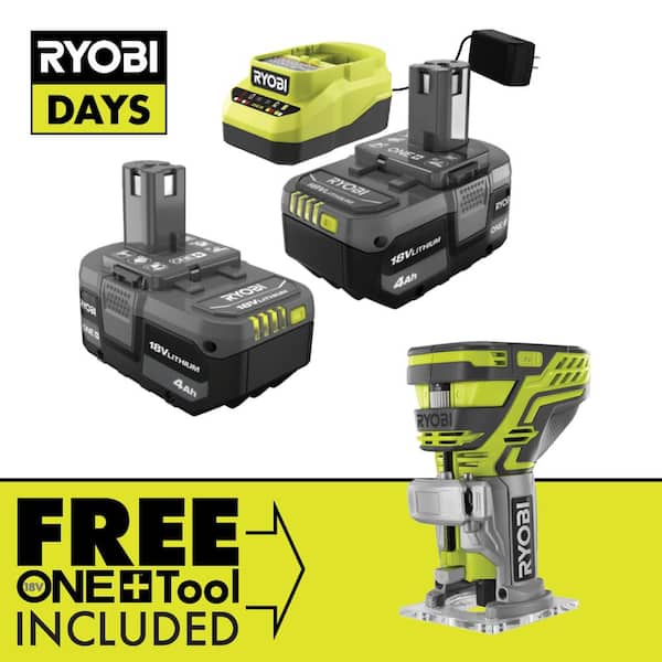 RYOBI ONE+ 18V Lithium-Ion 4.0 Ah Compact Battery (2-Pack) and Charger Kit with FREE Cordless ONE+ Compact Router