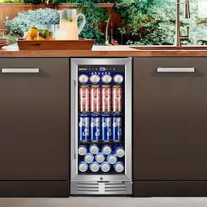 15 in. Single Zone 130 Can Built-in and Freestanding Beverage Cooler Fridge with Adjustable Shelves - Stainless Steel