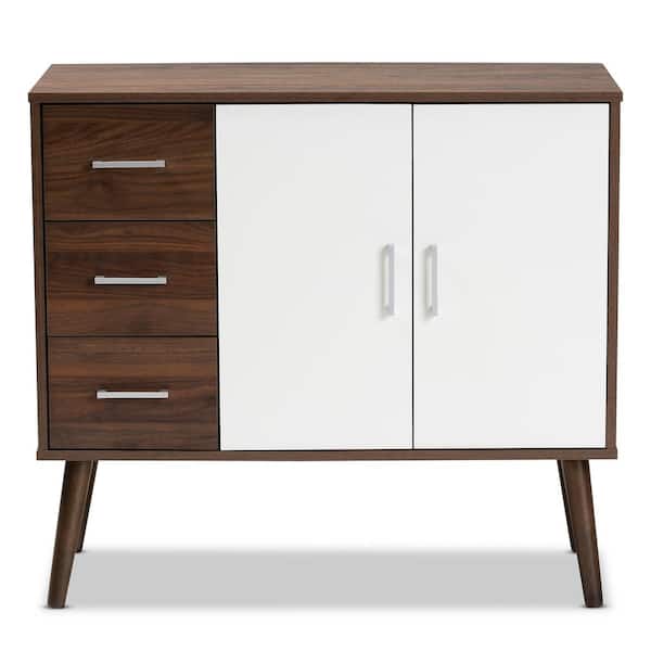 Baxton Studio Leena Walnut Brown and White Sidebord with 3-Drawer