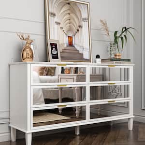 White High Gloss Mirrored 55.1 in. W Dresser With 6 Glass Drawers (15.7" D x 30.7" H)