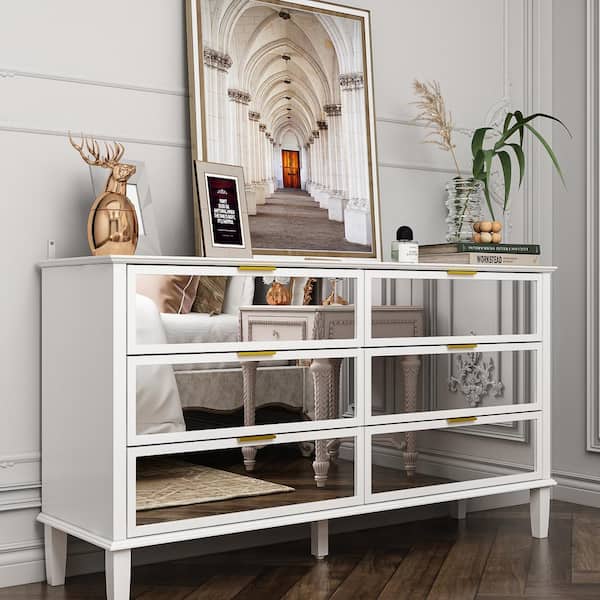 FUFU&GAGA White High Gloss Mirrored 55.1 in. W Dresser With 6 Glass Drawers (15.7" D x 30.7" H)