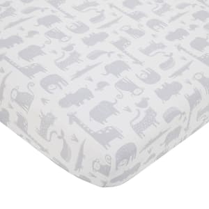 Modern Jungle Pals Multi Animal White and Gray Fitted Polyester Crib Sheet