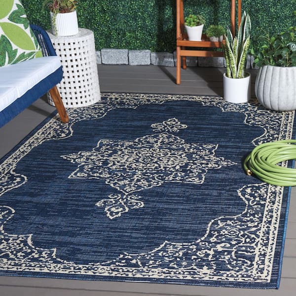 Courtyard Navy/Ivory 8 ft. x 10 ft. Orante Medallion Border Indoor/Outdoor Area Rug