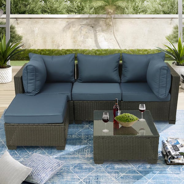 Tenleaf Dark Coffee 5-Piece Wicker Outdoor Sectional Set with Dark Blue Cushions and Coffee Table