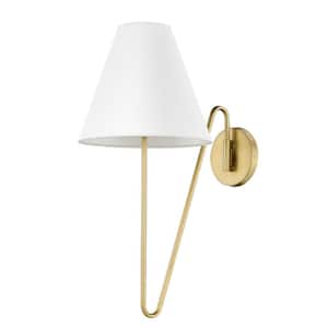 Kennedy 1-Light Brushed Champagne Bronze Hardwired/Plug-In Swing Arm Wall Lamp with Ivory Linen Shade