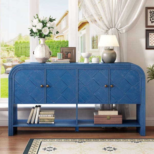 59.8 in. Navy Blue Rectangle MDF Console Table with Woven Wood Slats