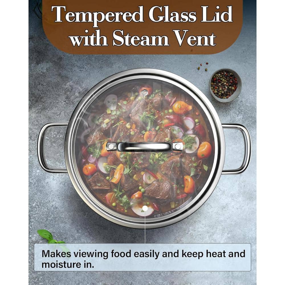 6 Quart Silver Stainless Steel Stockpot with Glass Lid