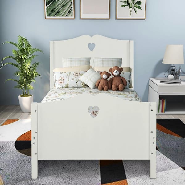 White Twin Size Platform Bed Frame, Solid Wood Platform Bed with Headboard and Footboard, Wood Slat Support for Kids