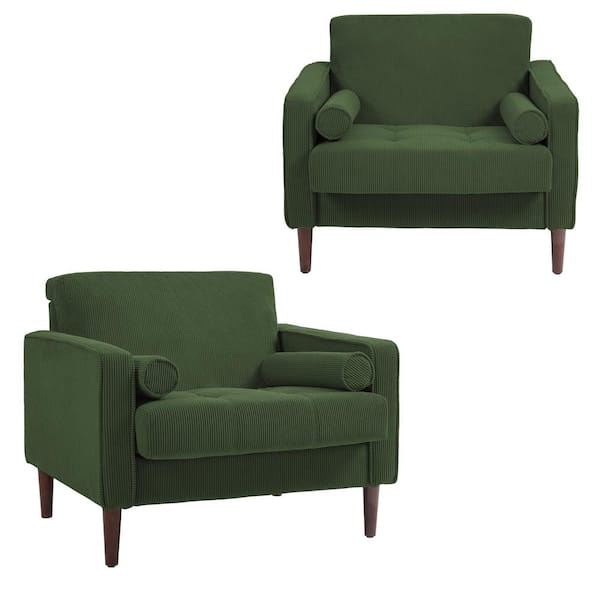 Uixe Mid-Century Modern Green Corduroy Fabric Upholstery Arm Chair with Wood Legs (Set of 2)