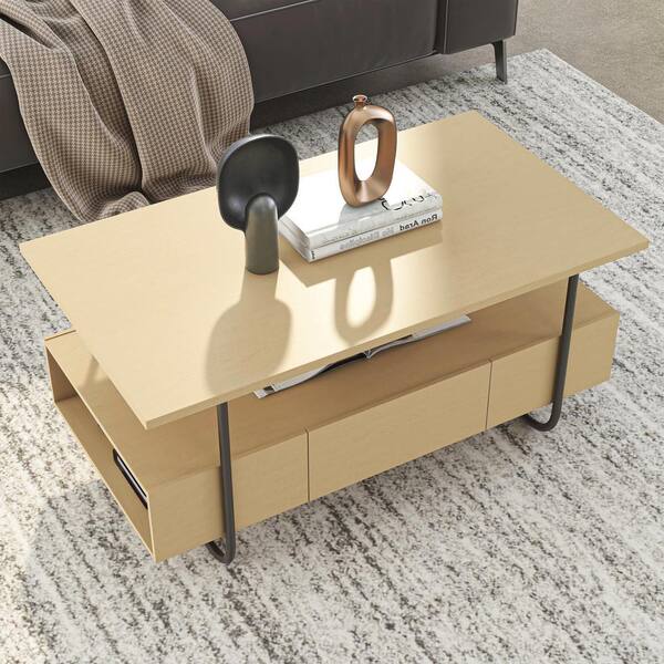 Rivo 2 Piece 35.5 in. Light Maple Rectangle Composite Coffee Table Set with Storage Cubby Shelf