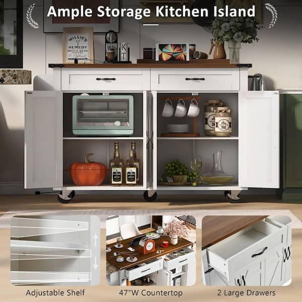 Zeus & Ruta White Wood 53.5 in. W Farmhouse Rolling Kitchen