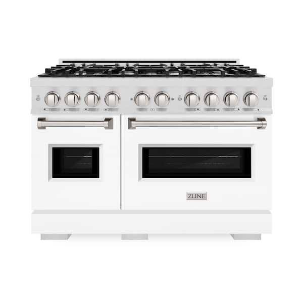 ZLINE Kitchen and Bath 48 in. Classic Double Oven Dual Fuel Range with 8 Burner Gas Cooktop in Satin Stainless Steel with White Matte Doors
