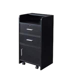 17 in. W x 14 in. D x 31 in. H Black Linen Cabinet with 4 Wheels 2 Drawers 1 Door and 3 Hair Dryer Holders