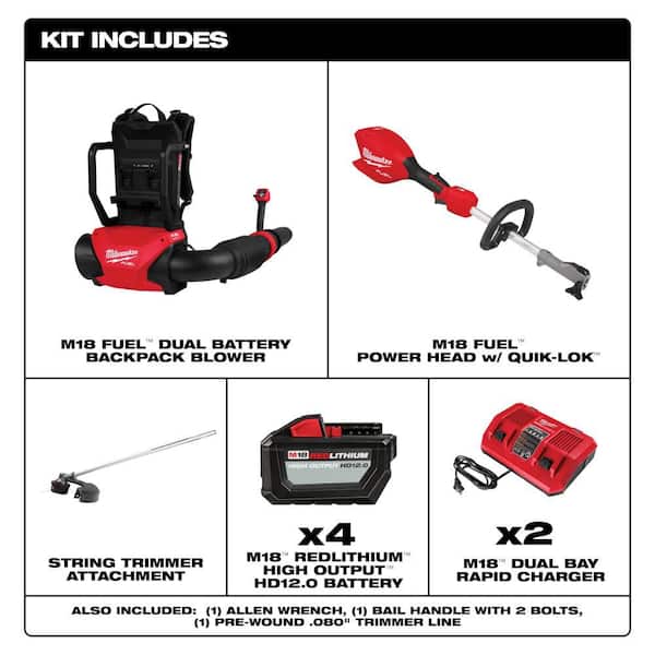 M18 FUEL 18V Brushless Cordless Dual Battery Backpack Blower Kit w/ M18 16 in Trimmer, (4) 12.0 Batteries, (2) Chargers