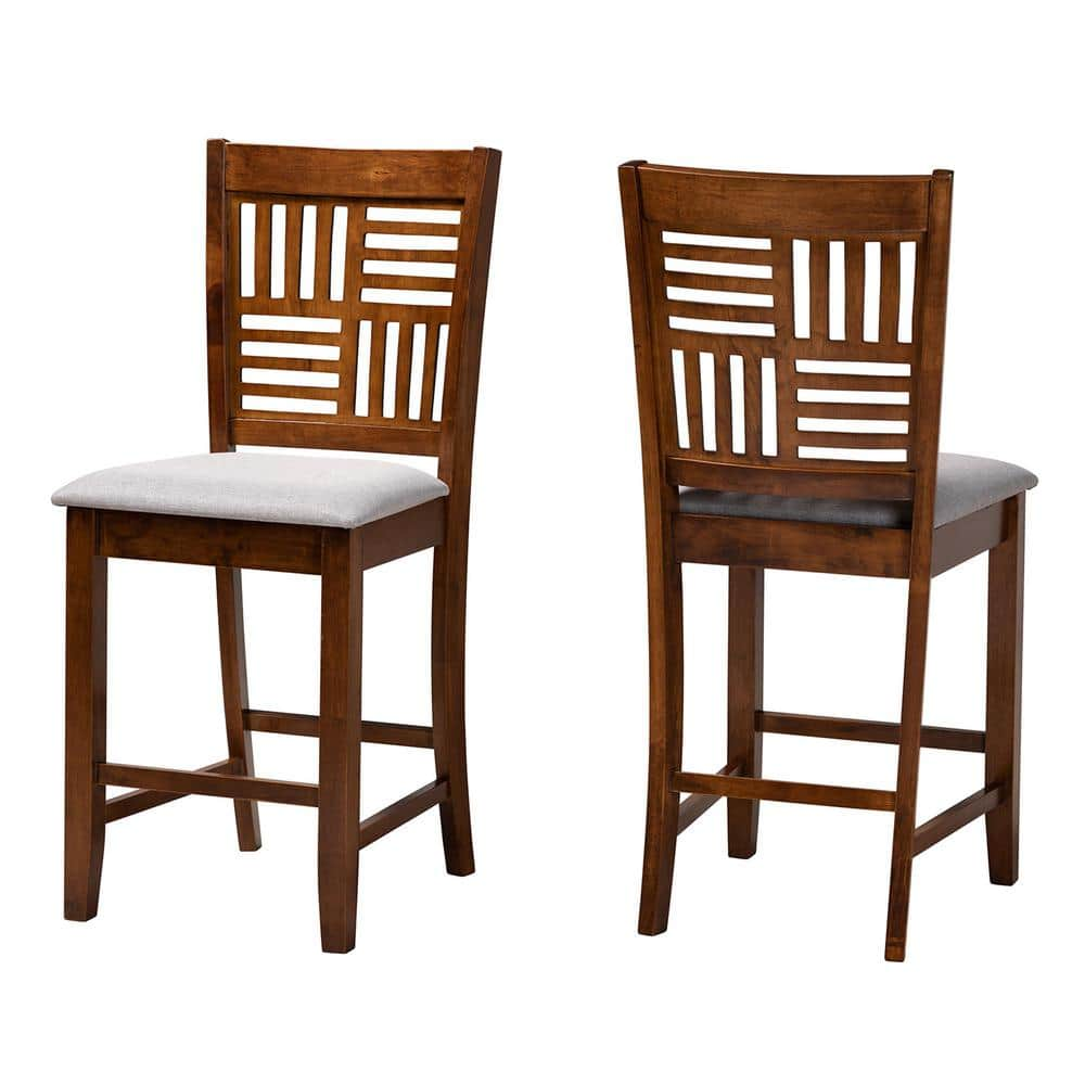 Set of 2 Deanna Fabric and Wood Counter Stools Gray/Walnut Brown - Baxton Studio: Foam-Padded, Ergonomic Footrests, 30 Day Warranty