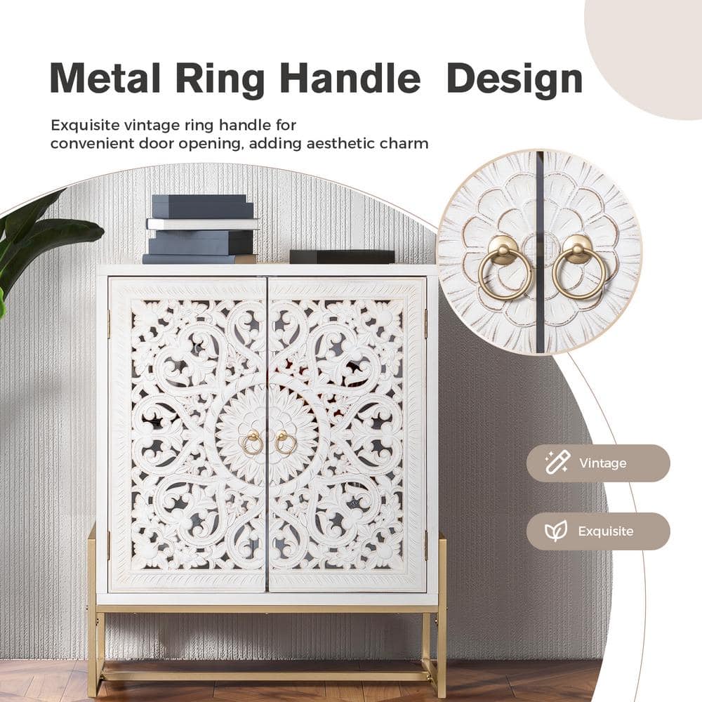 37.4 in. White Carved Composite Accent Cabinet with Adjustable Shelving